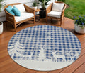 8 Blue Ivory And Gray Round Plaid Washable Indoor Outdoor Area Rug