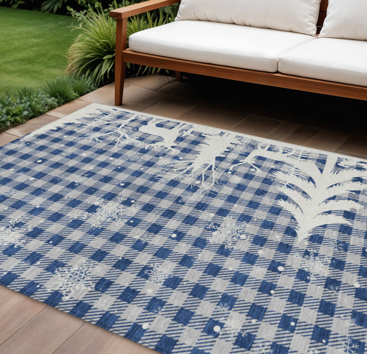 10 X 14 Blue Ivory And Gray Plaid Washable Indoor Outdoor Area Rug