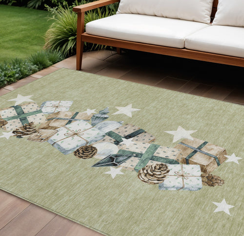 10 X 14 Artichoke Green Beige Ivory And Taupe Presents Washable Indoor Outdoor Area Rug