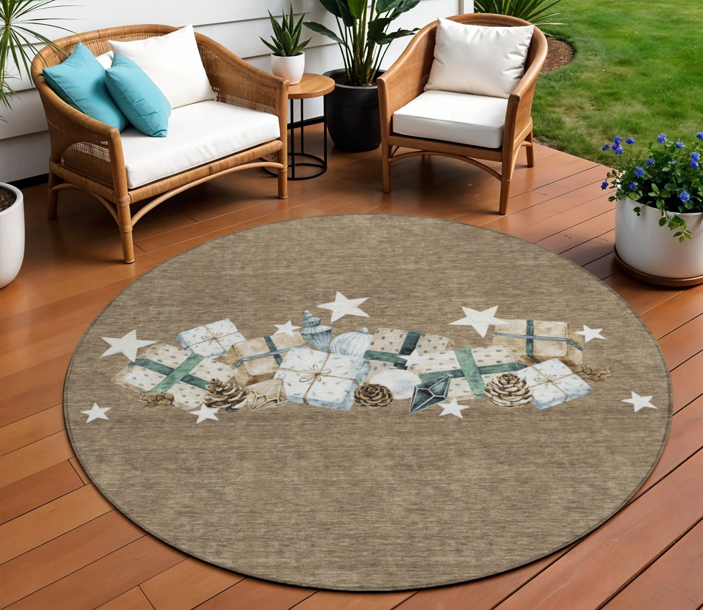8 Brown Beige Ivory And Taupe Round Presents Washable Indoor Outdoor Area Rug