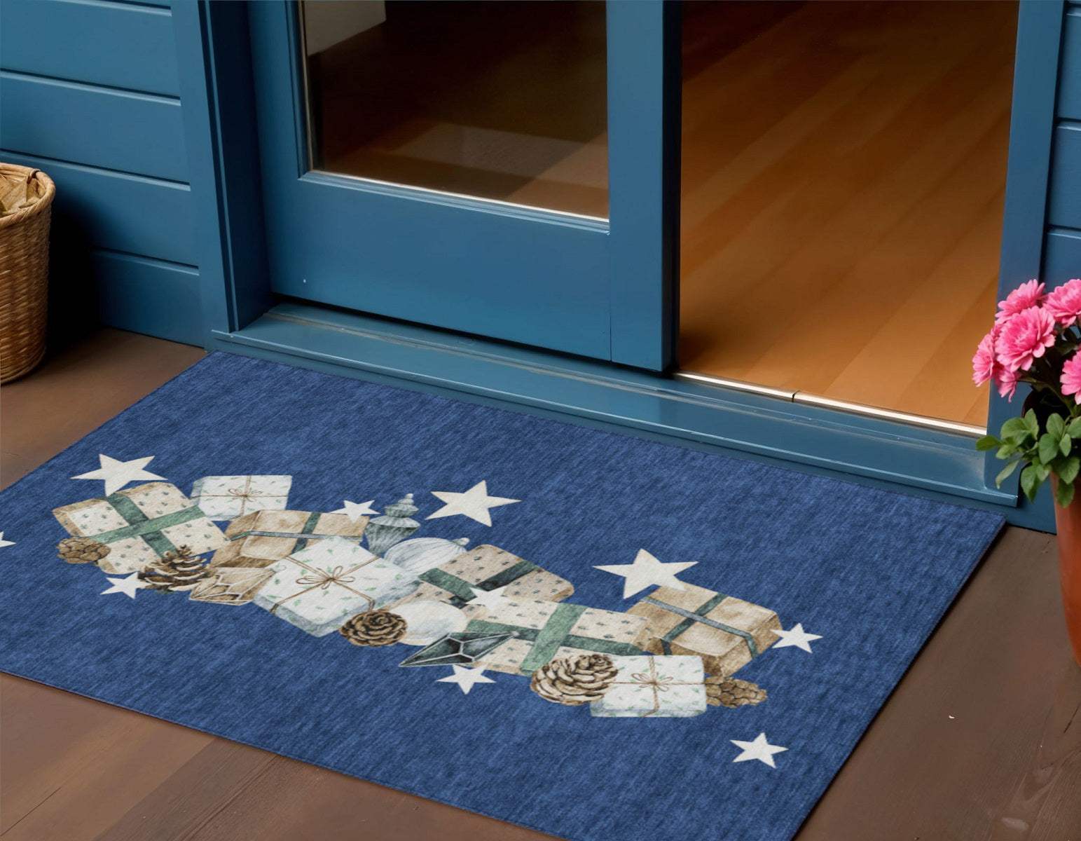 3 X 5 Navy Blue Beige Ivory And Taupe Presents Washable Indoor Outdoor Area Rug