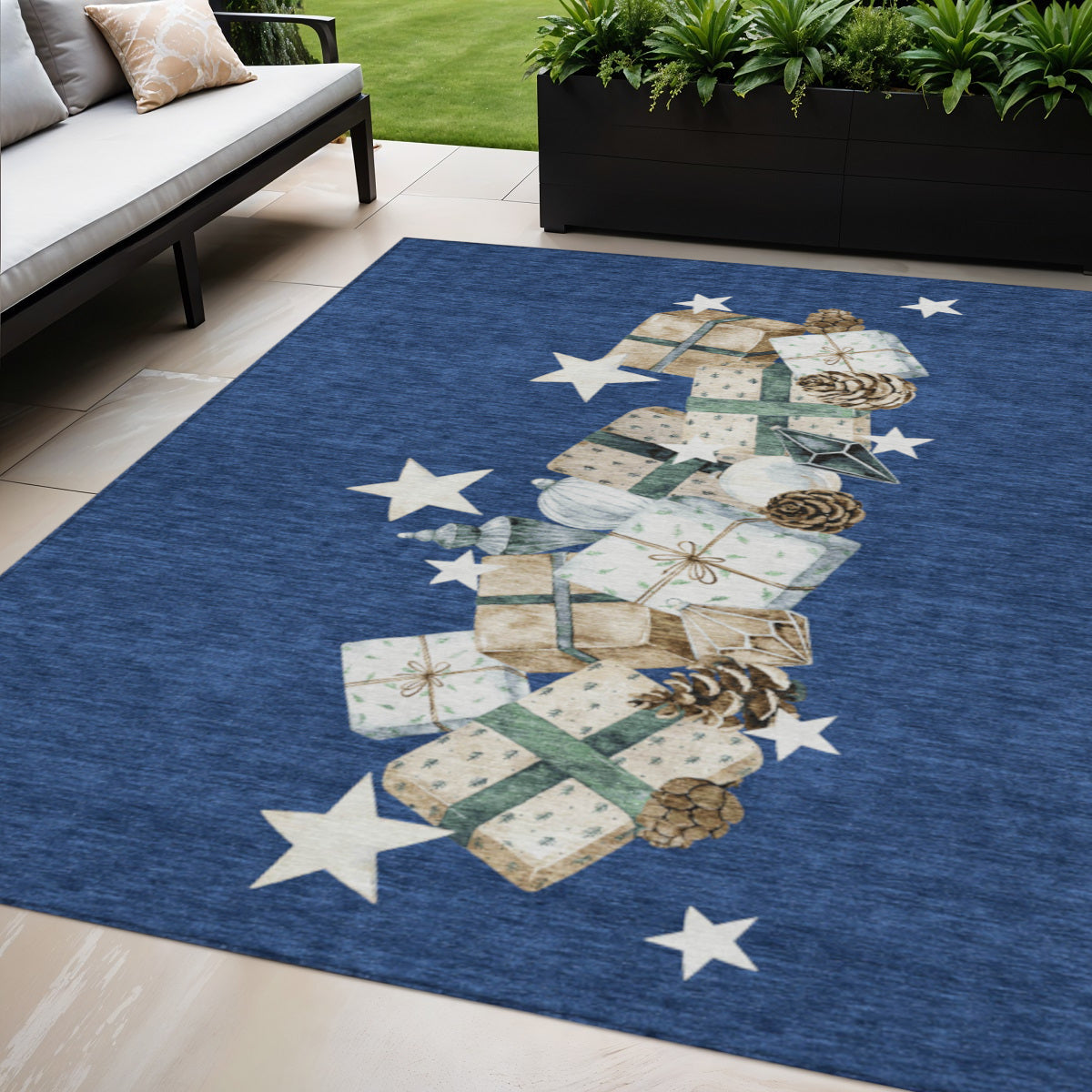 5 X 8 Navy Blue Beige Ivory And Taupe Presents Washable Indoor Outdoor Area Rug