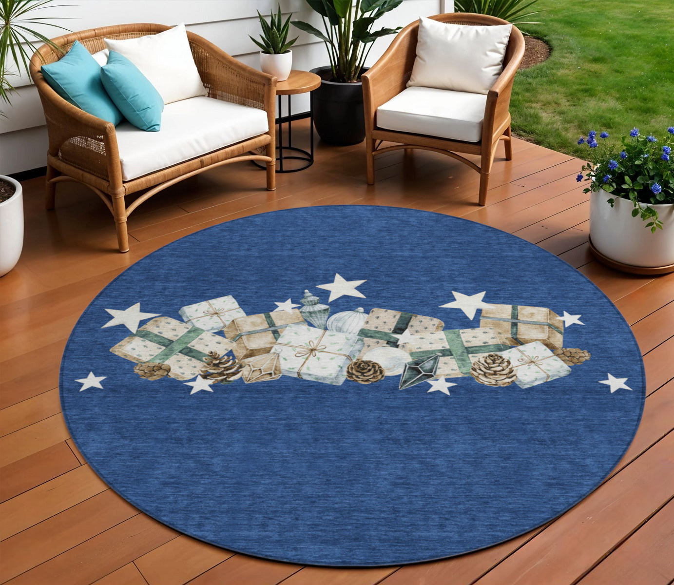 8 Navy Blue Beige Ivory And Taupe Round Presents Washable Indoor Outdoor Area Rug