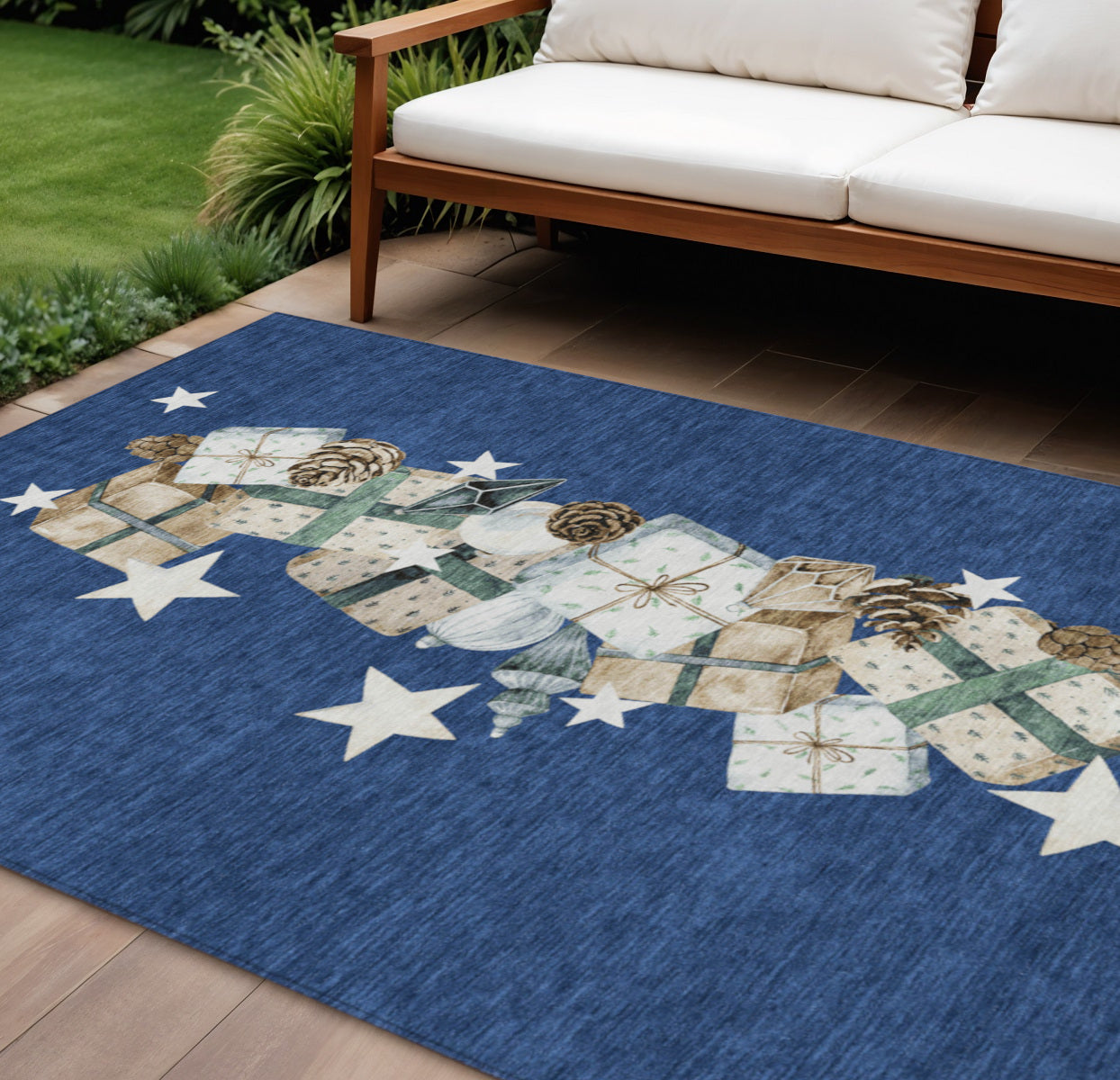 9 X 12 Navy Blue Beige Ivory And Taupe Presents Washable Indoor Outdoor Area Rug