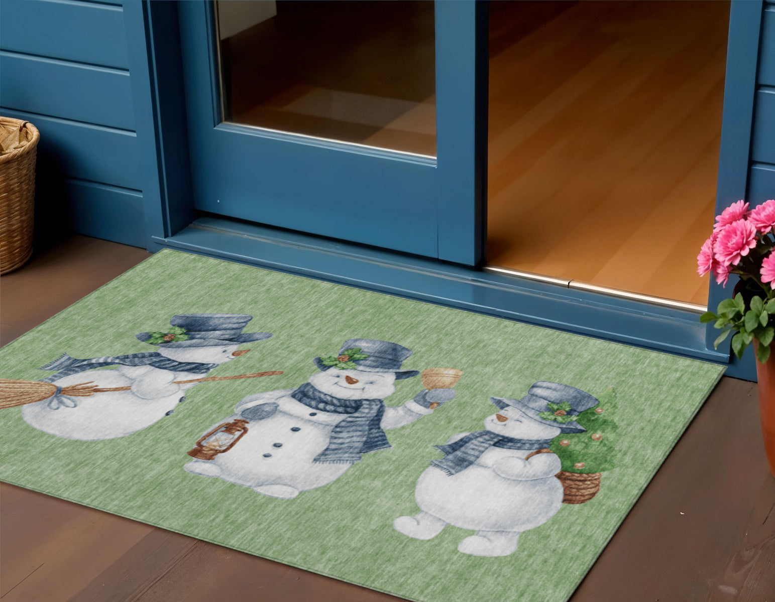 3 X 5 Artichoke Green Denim Blue And Ivory Snowmen Washable Indoor Outdoor Area Rug