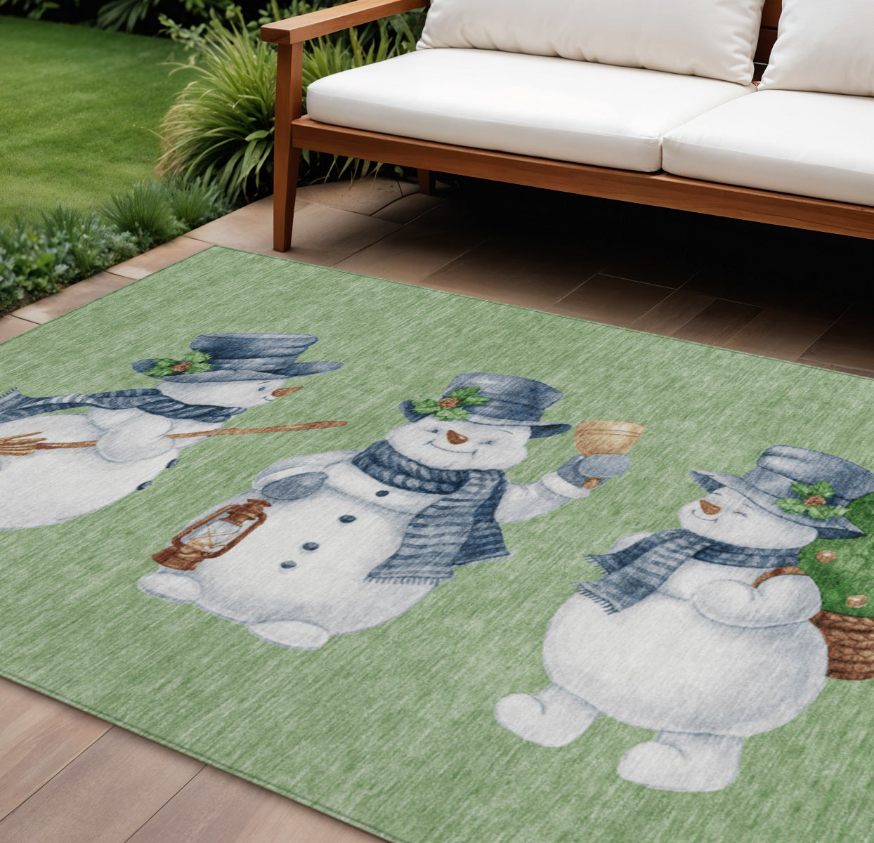 8 X 10 Artichoke Green Denim Blue And Ivory Snowmen Washable Indoor Outdoor Area Rug