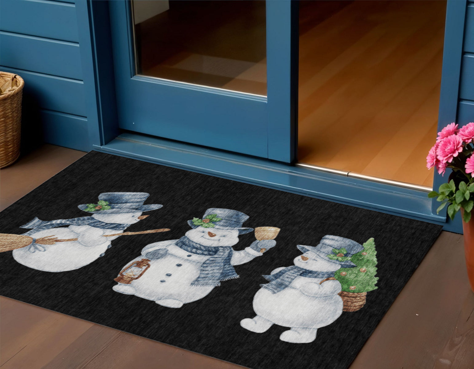 3 X 5 Black Denim Blue And Ivory Snowmen Washable Indoor Outdoor Area Rug