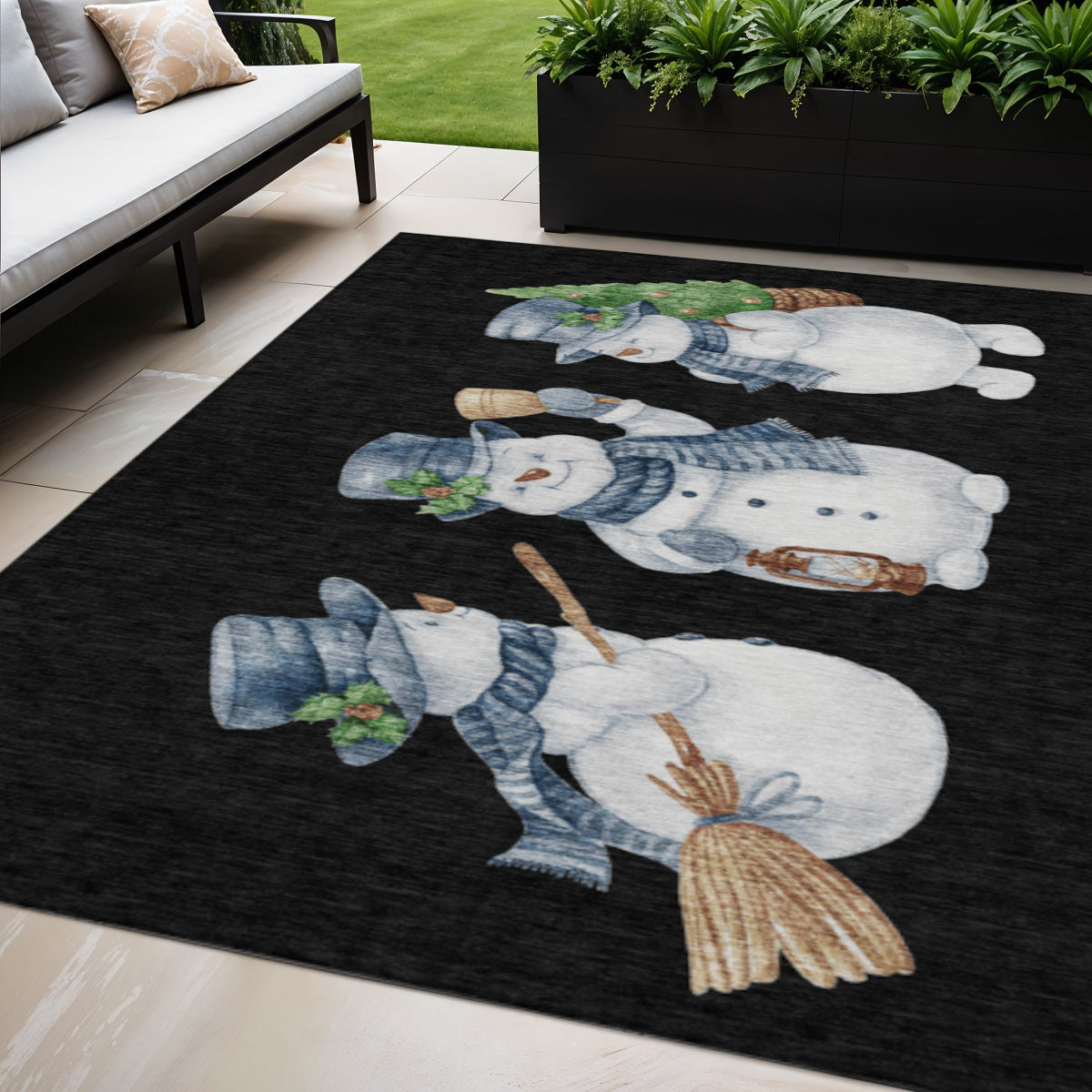 5 X 8 Black Denim Blue And Ivory Snowmen Washable Indoor Outdoor Area Rug