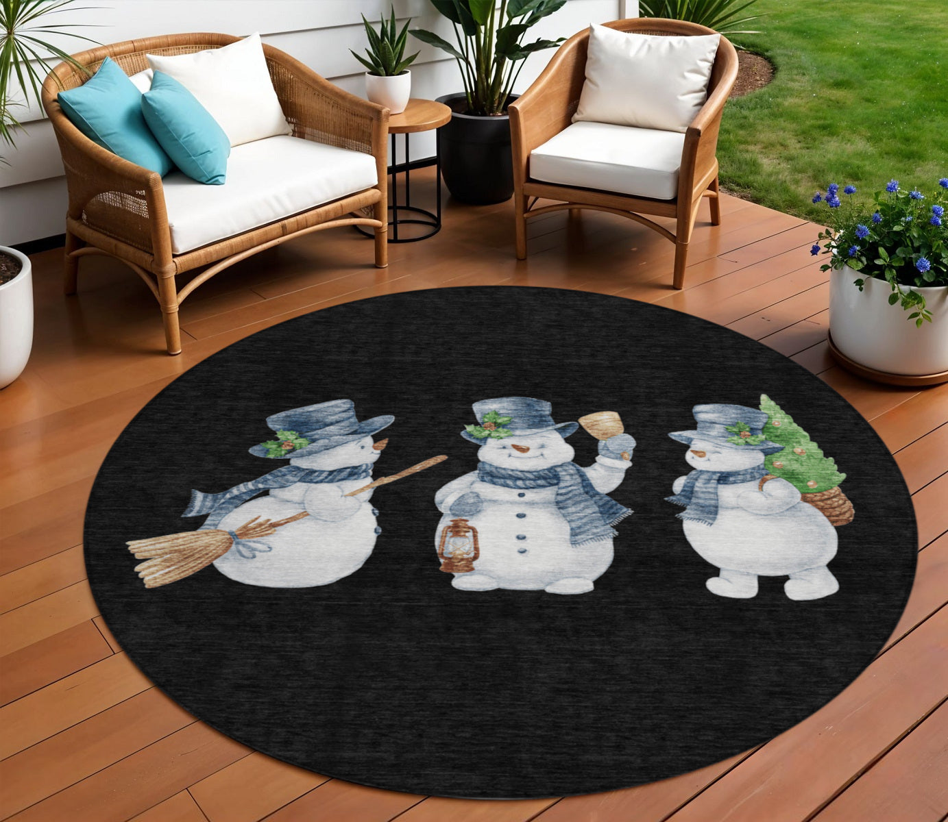 8 Black Denim Blue And Ivory Round Snowmen Washable Indoor Outdoor Area Rug