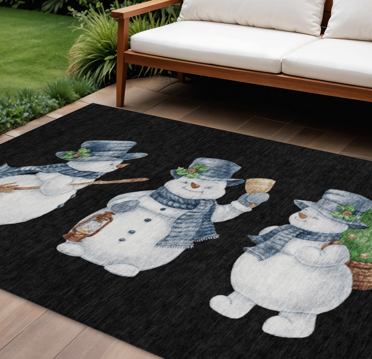 8 X 10 Black Denim Blue And Ivory Snowmen Washable Indoor Outdoor Area Rug