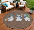 8 Brown Denim Blue And Ivory Round Snowmen Washable Indoor Outdoor Area Rug