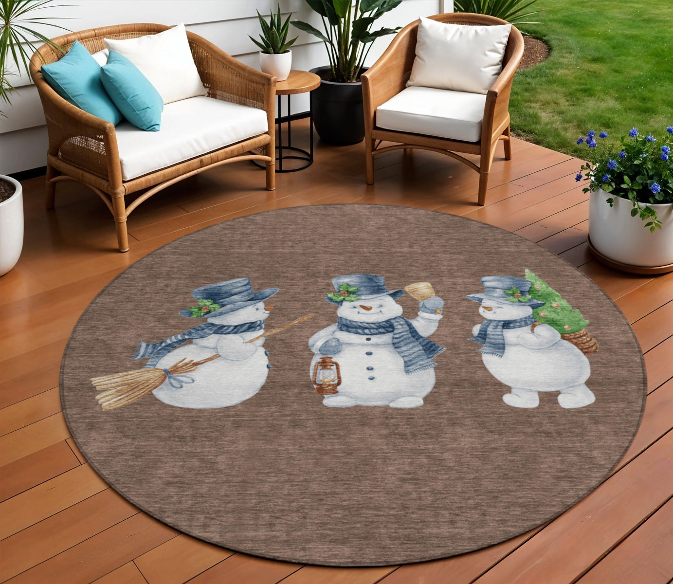 8 Brown Denim Blue And Ivory Round Snowmen Washable Indoor Outdoor Area Rug