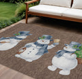 9 X 12 Brown Denim Blue And Ivory Snowmen Washable Indoor Outdoor Area Rug