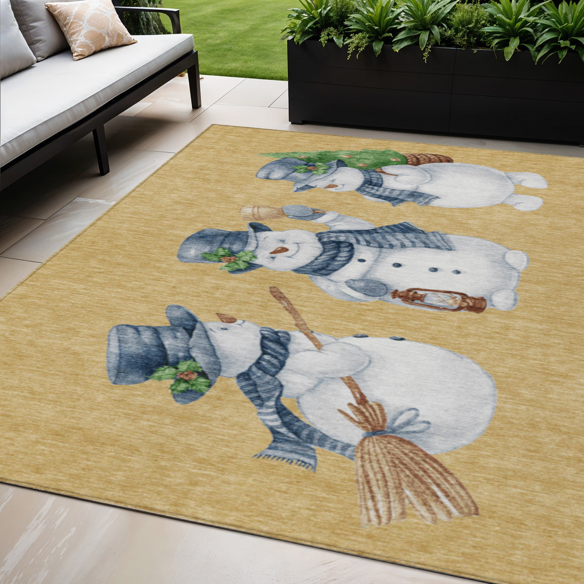 5 X 8 Gold Denim Blue And Ivory Snowmen Washable Indoor Outdoor Area Rug
