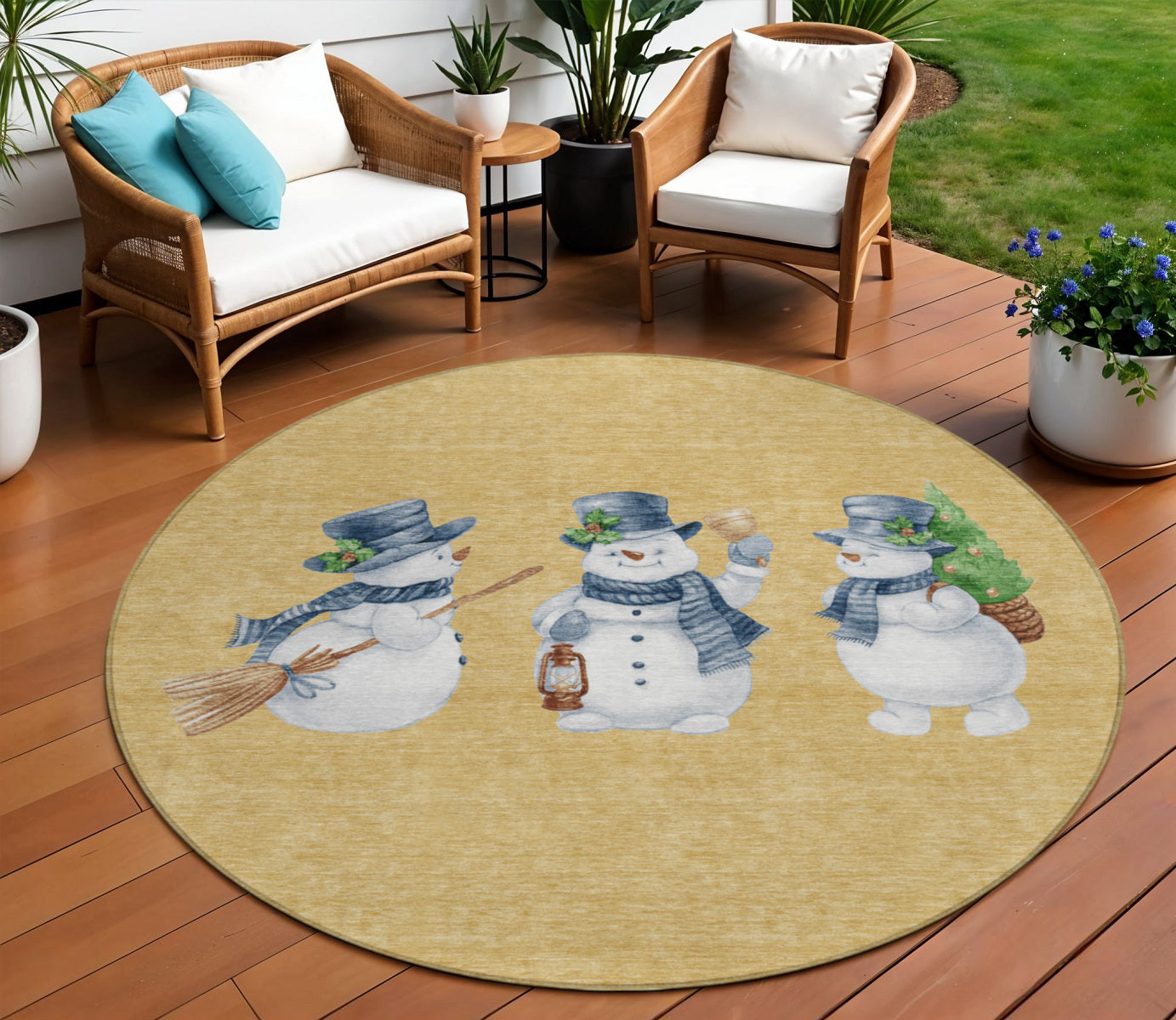 8 Gold Denim Blue And Ivory Round Snowmen Washable Indoor Outdoor Area Rug