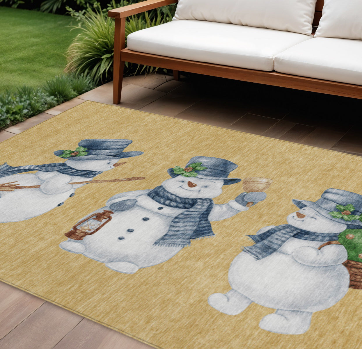 9 X 12 Gold Denim Blue And Ivory Snowmen Washable Indoor Outdoor Area Rug