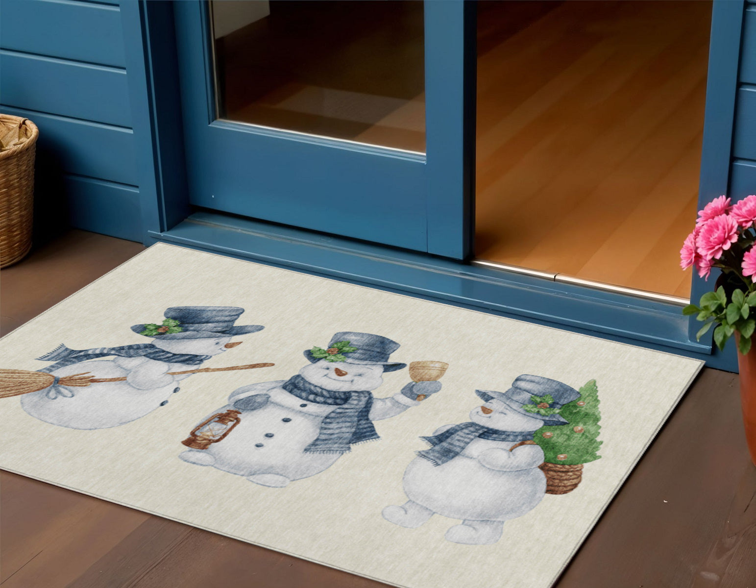 3 X 5 Ivory And Denim Blue Snowmen Washable Indoor Outdoor Area Rug