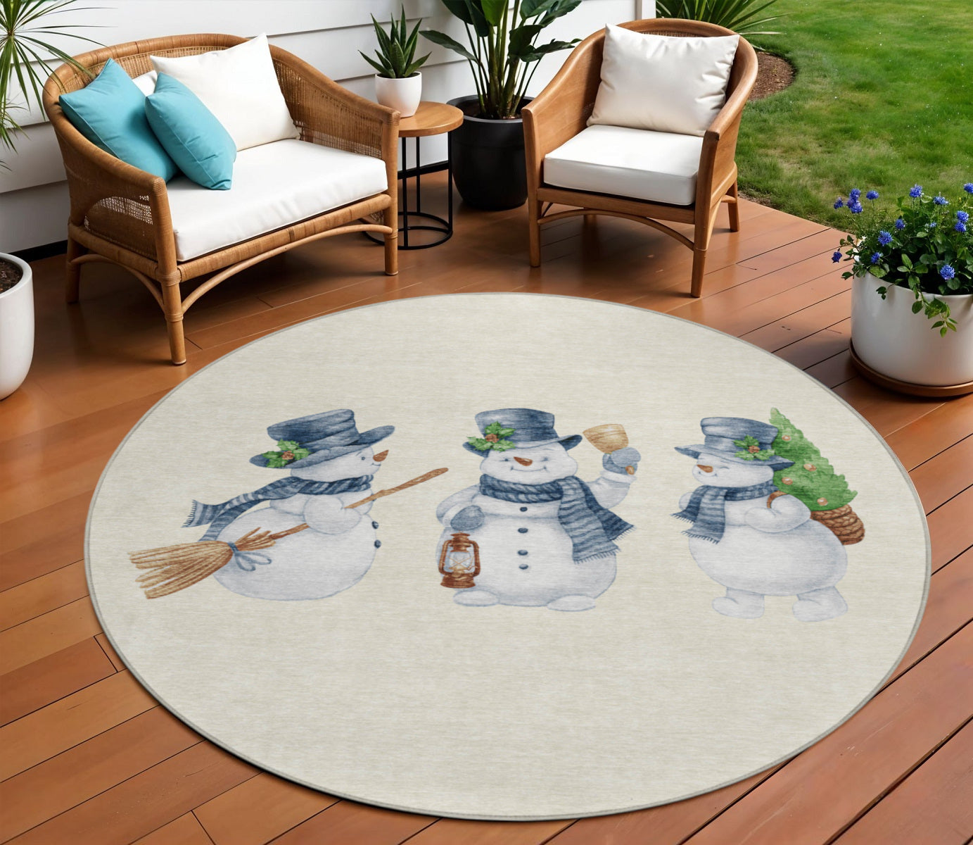 8 Ivory And Denim Blue Round Snowmen Washable Indoor Outdoor Area Rug