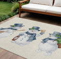 9 X 12 Ivory And Denim Blue Snowmen Washable Indoor Outdoor Area Rug