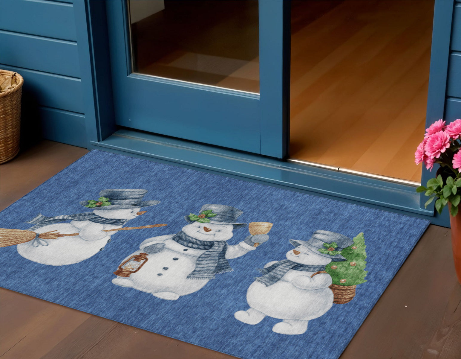 3 X 5 Navy Blue Denim Blue And Ivory Snowmen Washable Indoor Outdoor Area Rug