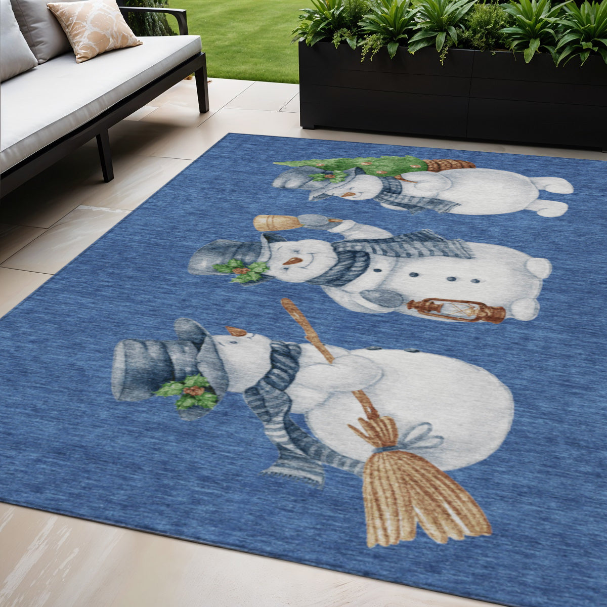 5 X 8 Navy Blue Denim Blue And Ivory Snowmen Washable Indoor Outdoor Area Rug