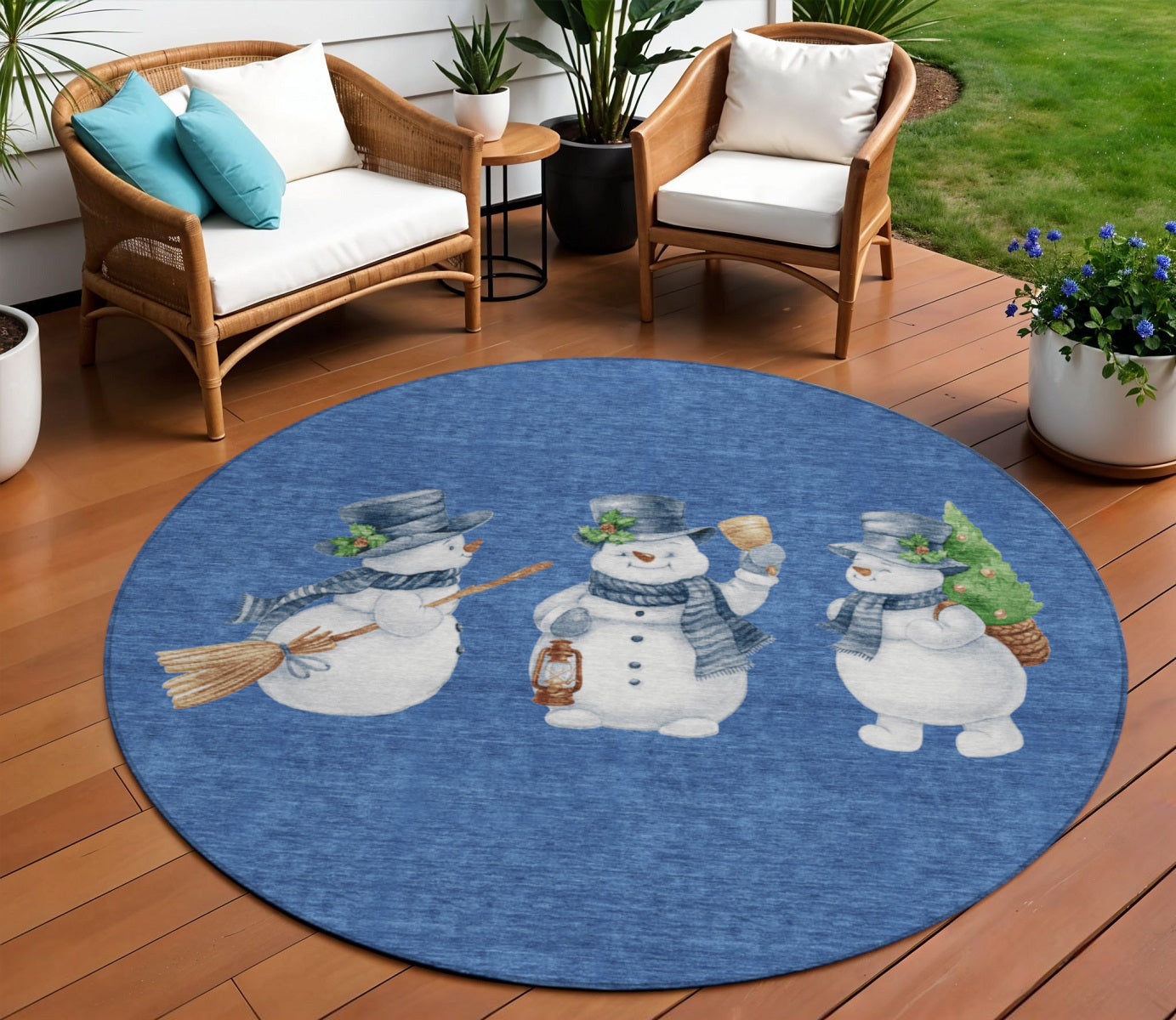 8 Navy Blue Denim Blue And Ivory Round Snowmen Washable Indoor Outdoor Area Rug