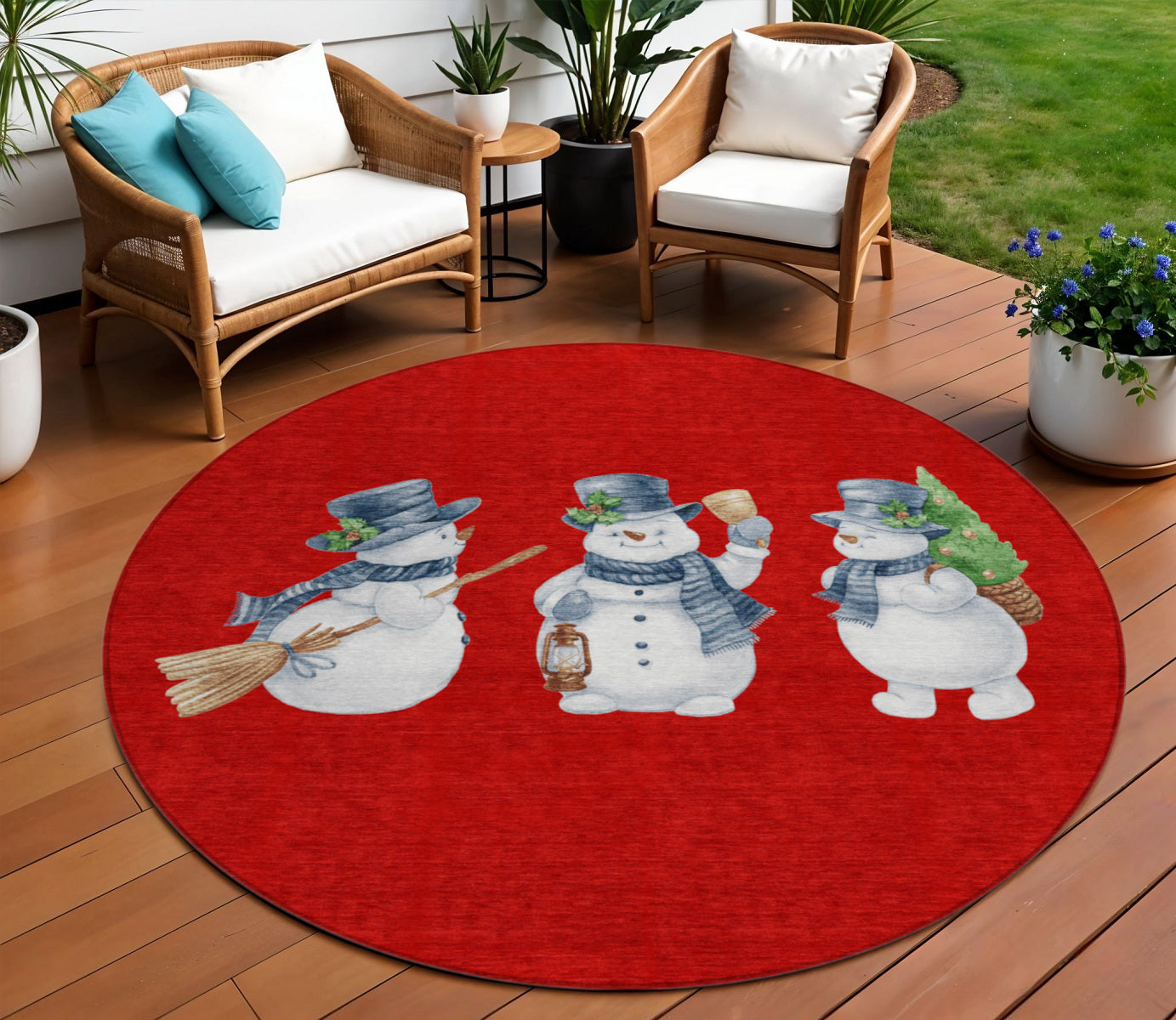 8 Red Denim Blue And Ivory Round Snowmen Washable Indoor Outdoor Area Rug