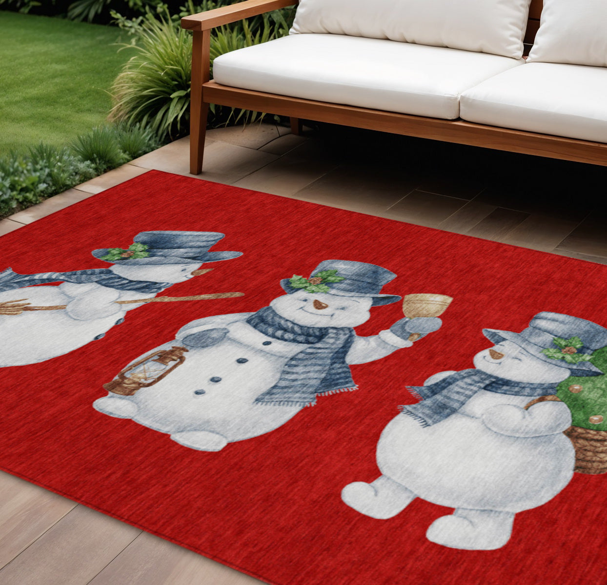 8 X 10 Red Denim Blue And Ivory Snowmen Washable Indoor Outdoor Area Rug