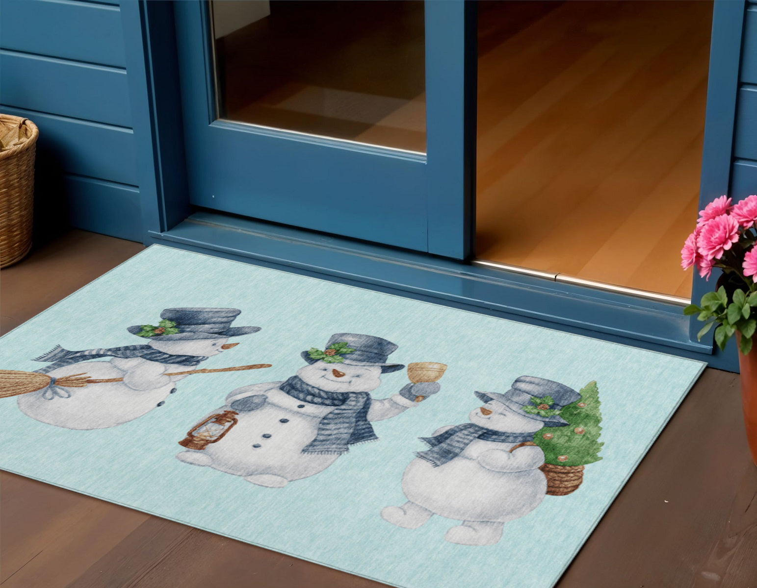 3 X 5 Sky Blue Denim Blue And Ivory Snowmen Washable Indoor Outdoor Area Rug