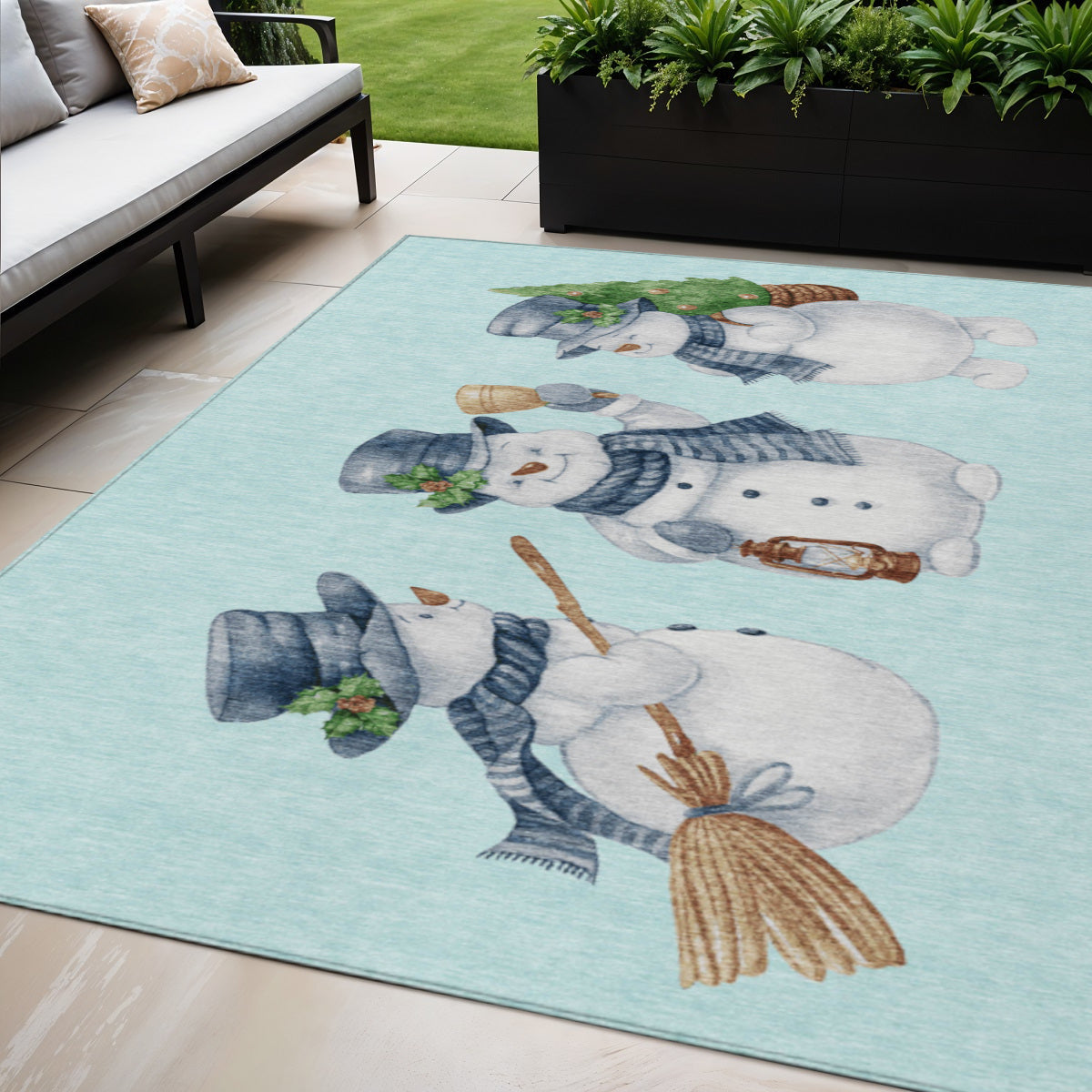 5 X 8 Sky Blue Denim Blue And Ivory Snowmen Washable Indoor Outdoor Area Rug