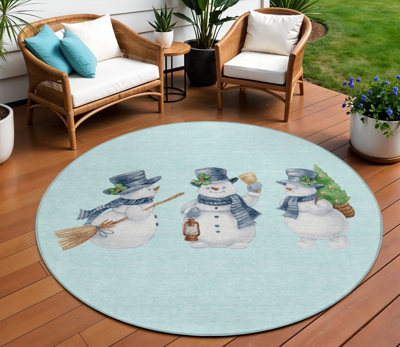 8 Sky Blue Denim Blue And Ivory Round Snowmen Washable Indoor Outdoor Area Rug