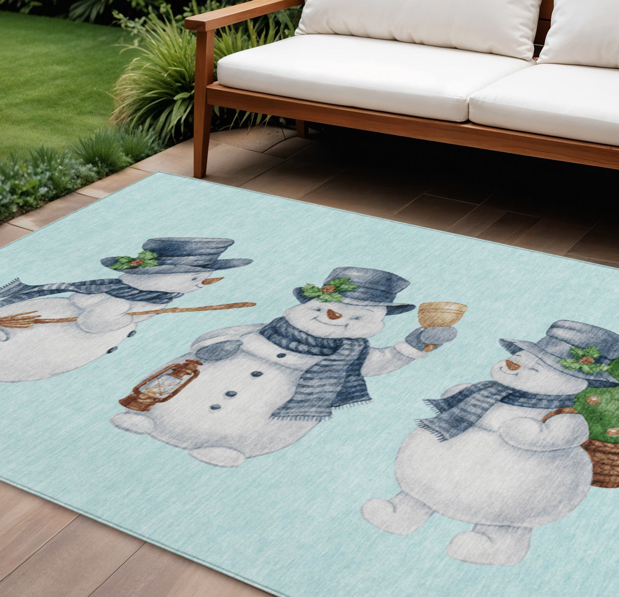 9 X 12 Sky Blue Denim Blue And Ivory Snowmen Washable Indoor Outdoor Area Rug