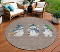 8 Taupe Denim Blue And Ivory Round Snowmen Washable Indoor Outdoor Area Rug