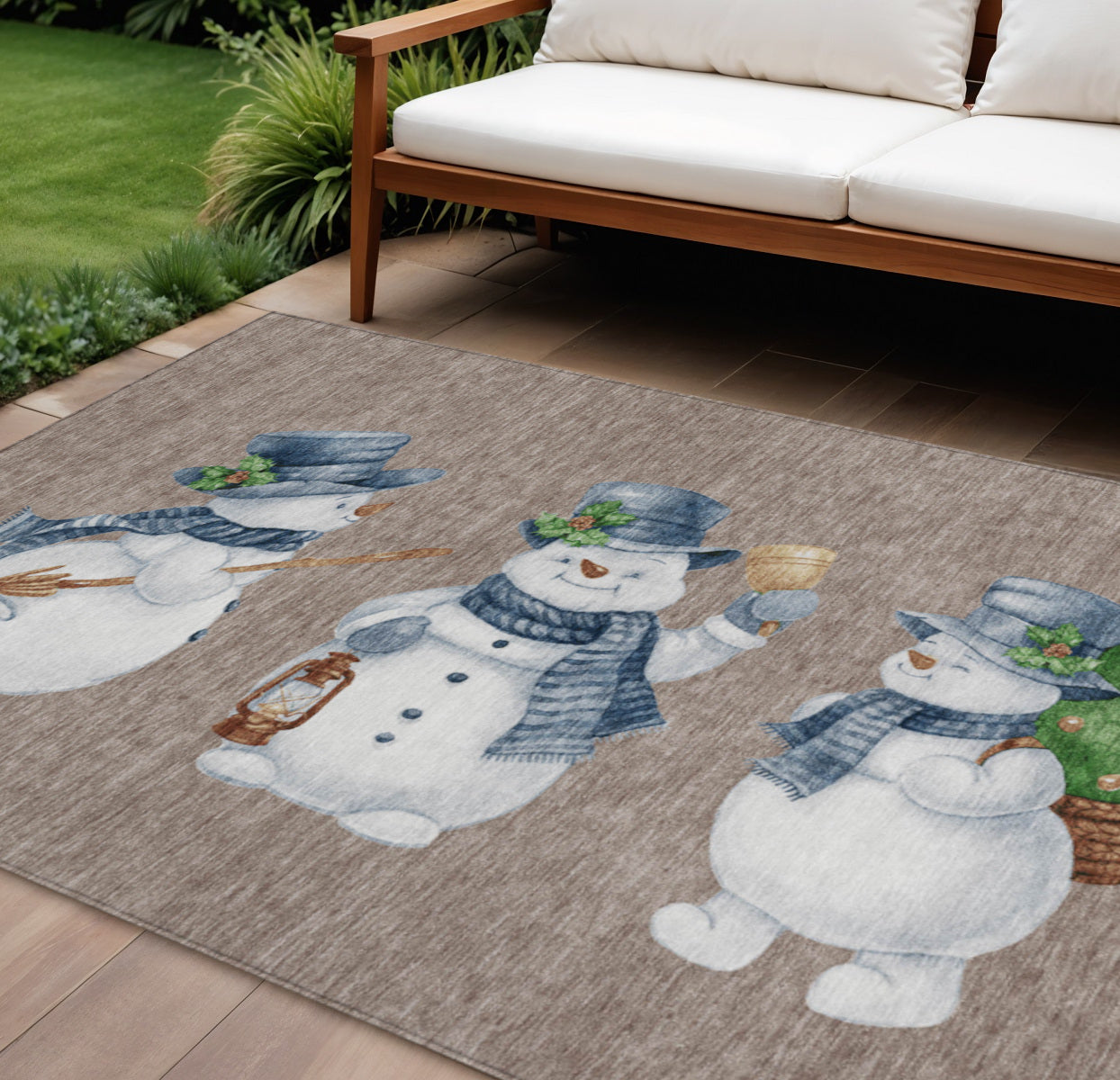 8 X 10 Taupe Denim Blue And Ivory Snowmen Washable Indoor Outdoor Area Rug