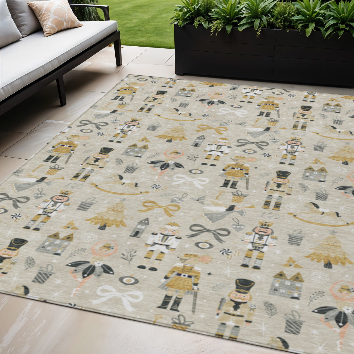 5 X 8 Beige Gold Black And Gray Nutcracker Washable Indoor Outdoor Area Rug