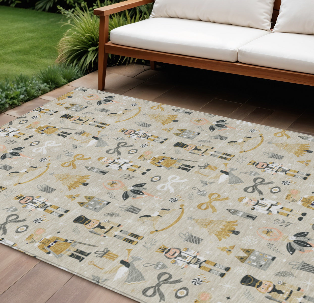 8 X 10 Beige Gold Black And Gray Nutcracker Washable Indoor Outdoor Area Rug
