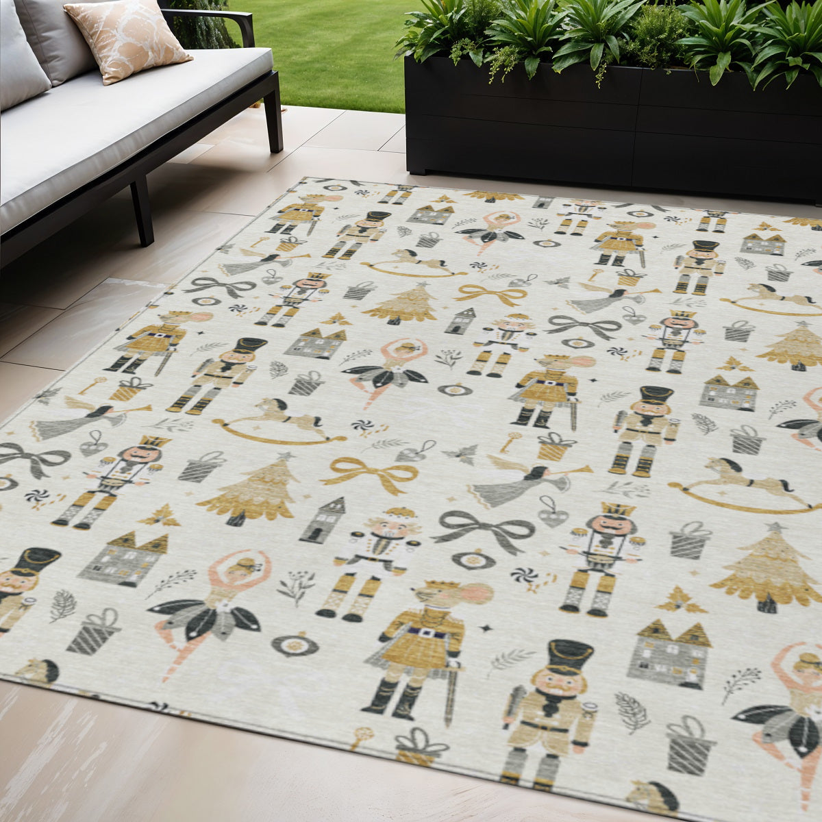 5 X 8 Ivory Gold Black And Gray Nutcracker Washable Indoor Outdoor Area Rug