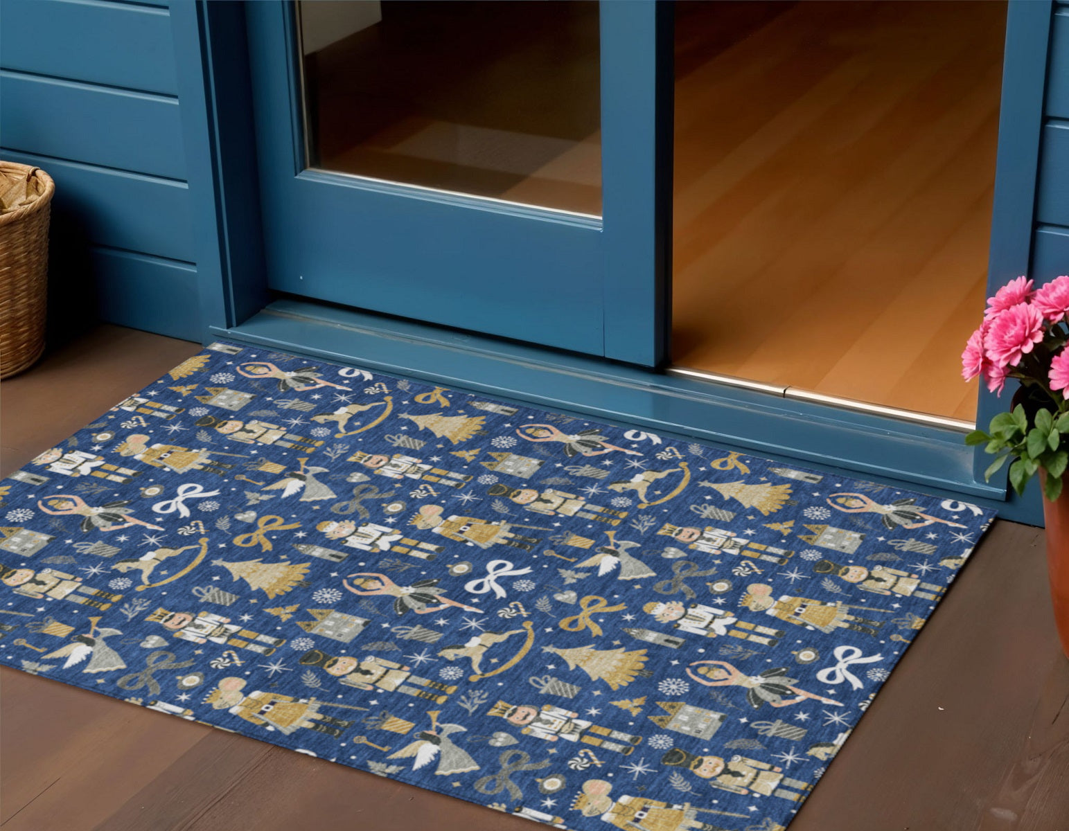 3 X 5 Navy Blue Gold Black And Gray Nutcracker Washable Indoor Outdoor Area Rug