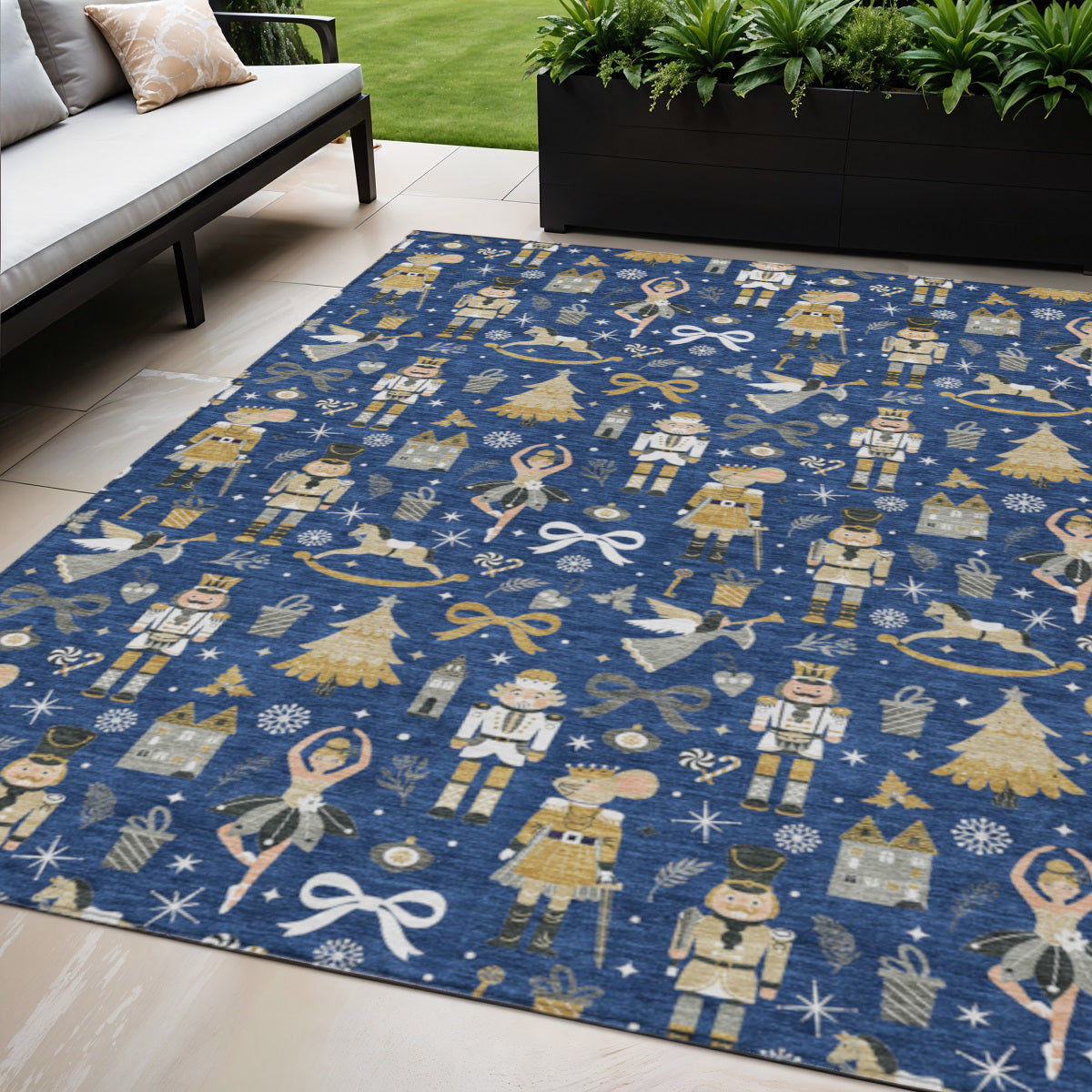 5 X 8 Navy Blue Gold Black And Gray Nutcracker Washable Indoor Outdoor Area Rug