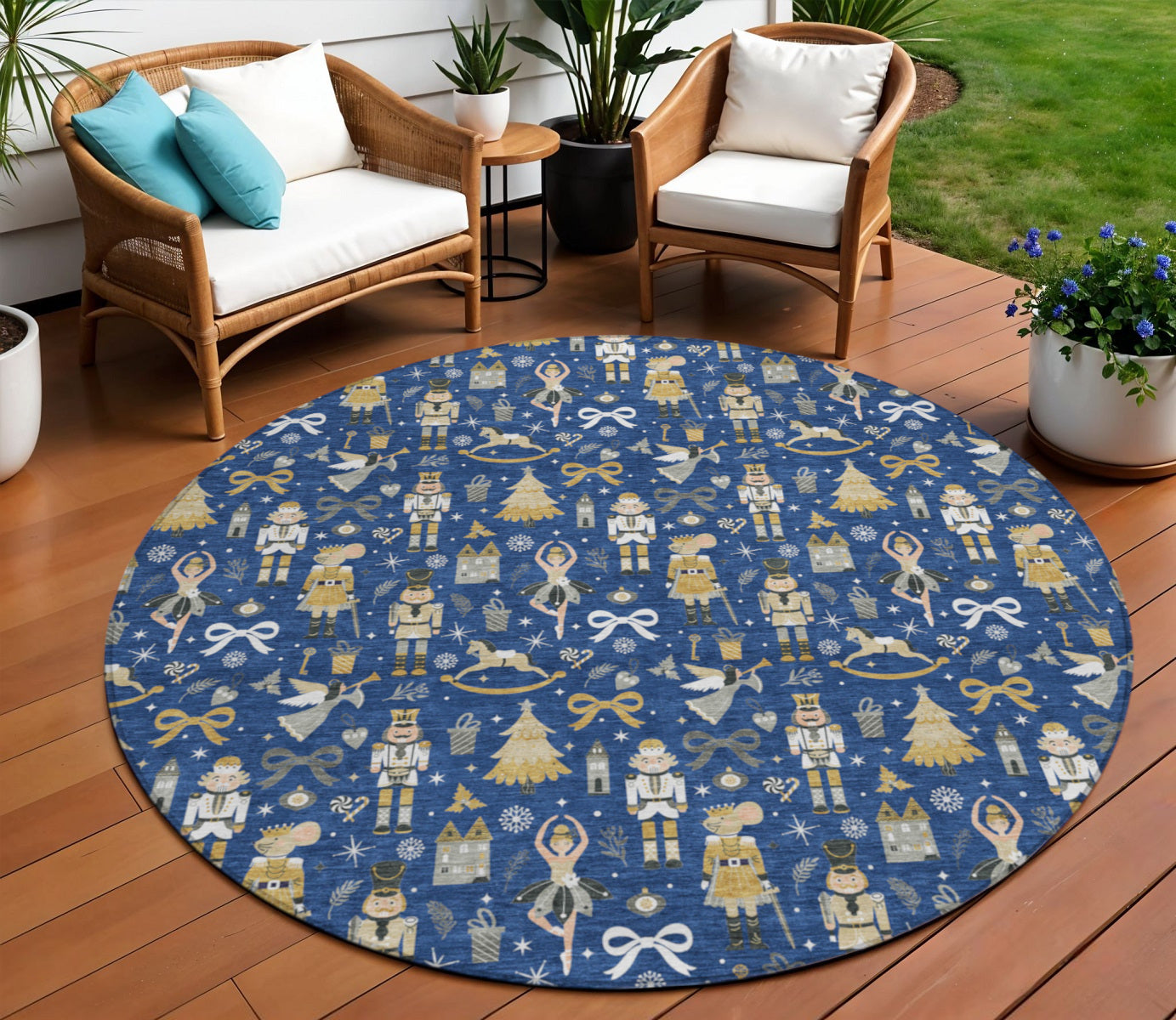 8 Navy Blue Gold Black And Gray Round Nutcracker Washable Indoor Outdoor Area Rug