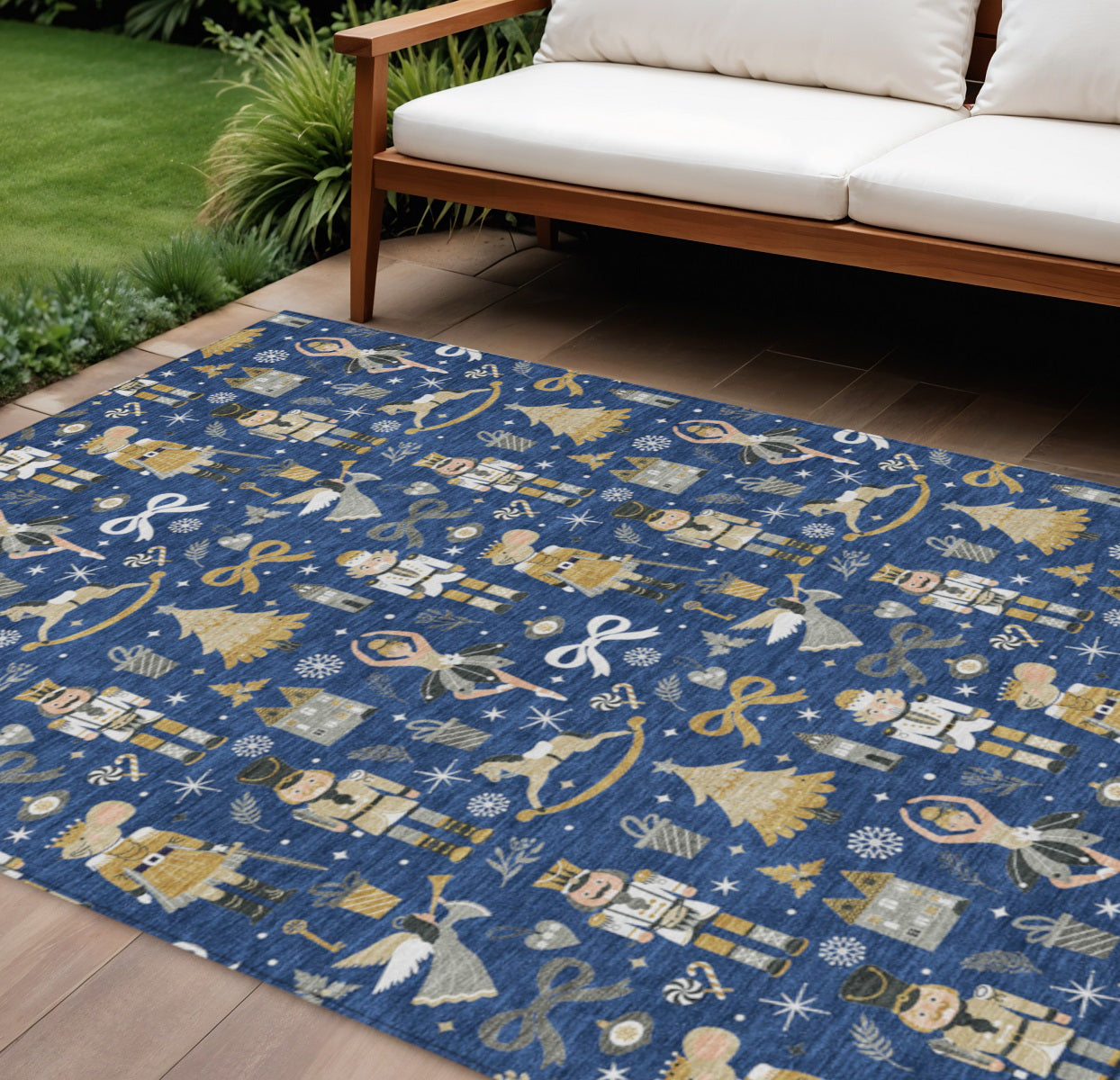 8 X 10 Navy Blue Gold Black And Gray Nutcracker Washable Indoor Outdoor Area Rug