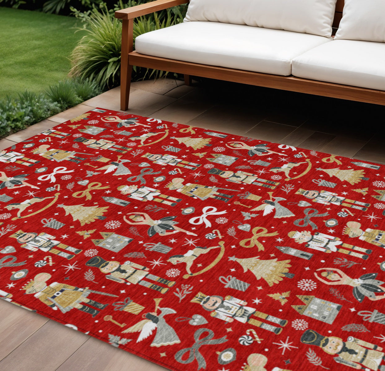 9 X 12 Red Gold Black And Gray Nutcracker Washable Indoor Outdoor Area Rug