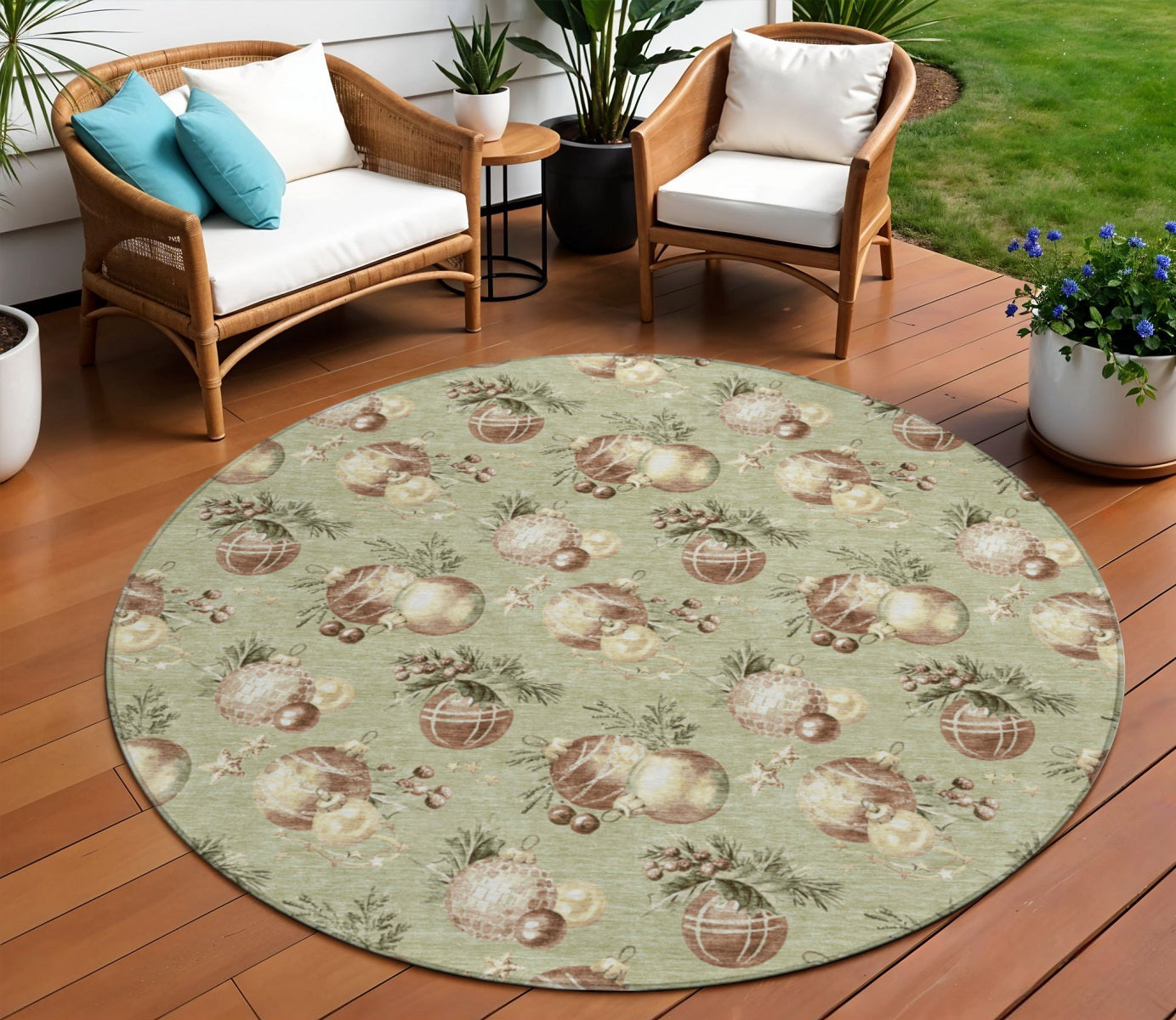 8 Artichoke Green Brown And Beige Round Stars Washable Indoor Outdoor Area Rug