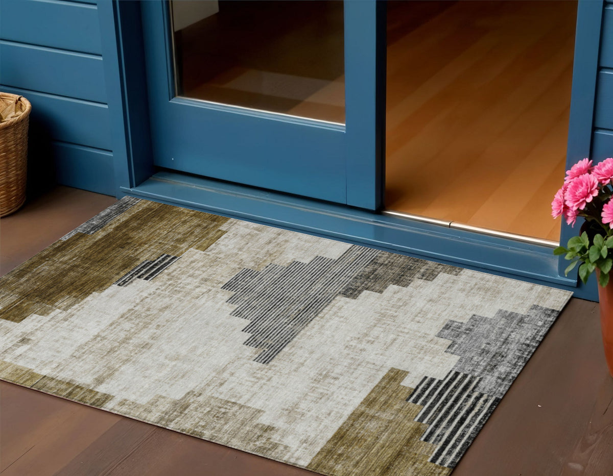 3 X 5 Brown Beige And Charcoal Geometric Washable Indoor Outdoor Area Rug