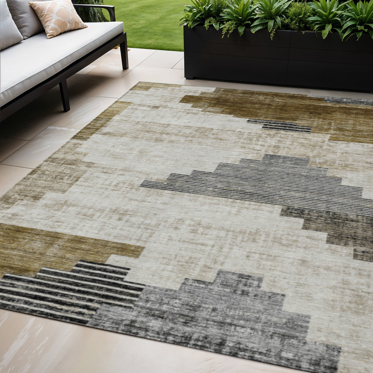 5 X 8 Brown Beige And Charcoal Geometric Washable Indoor Outdoor Area Rug