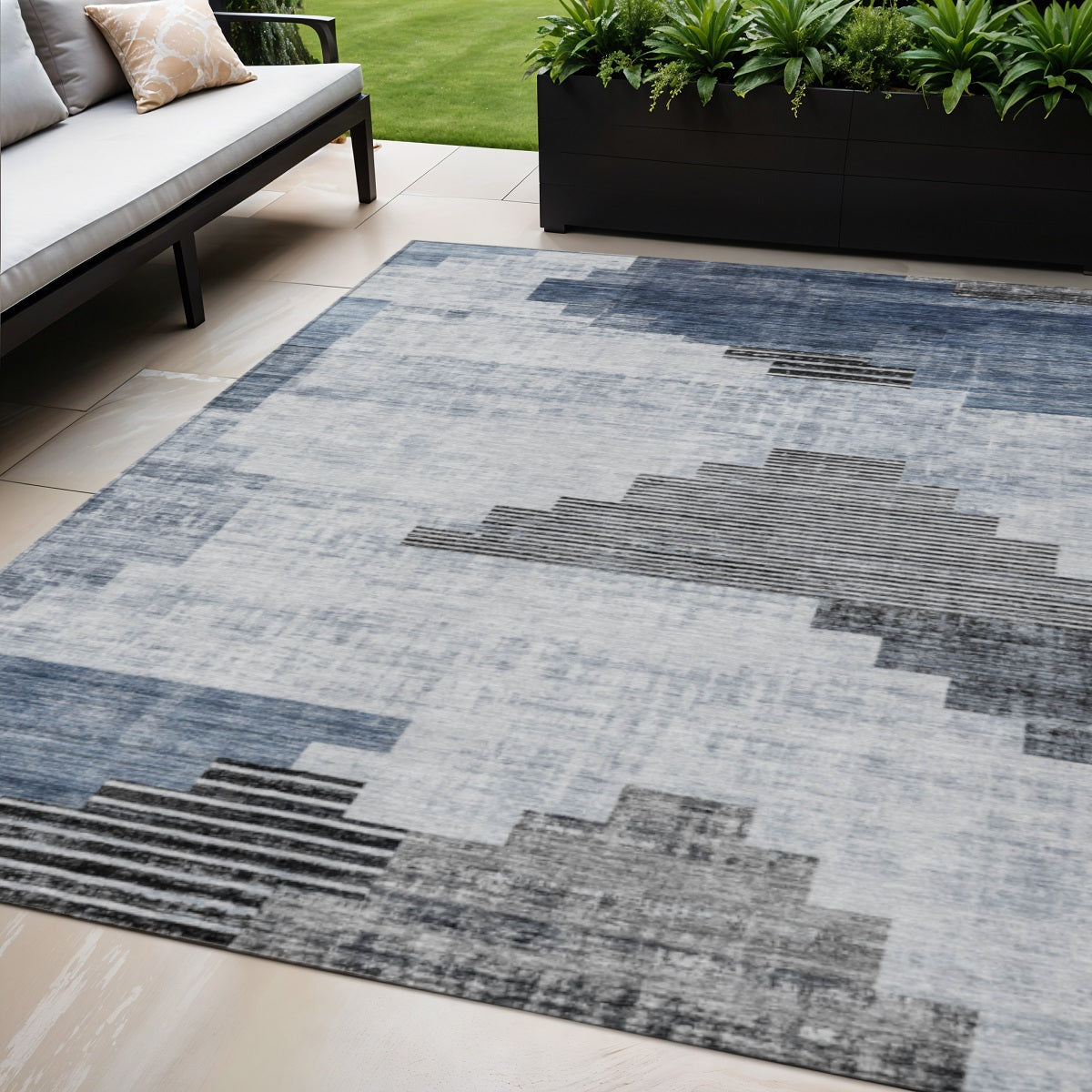 5 X 8 Blue Ivory And Charcoal Geometric Washable Indoor Outdoor Area Rug