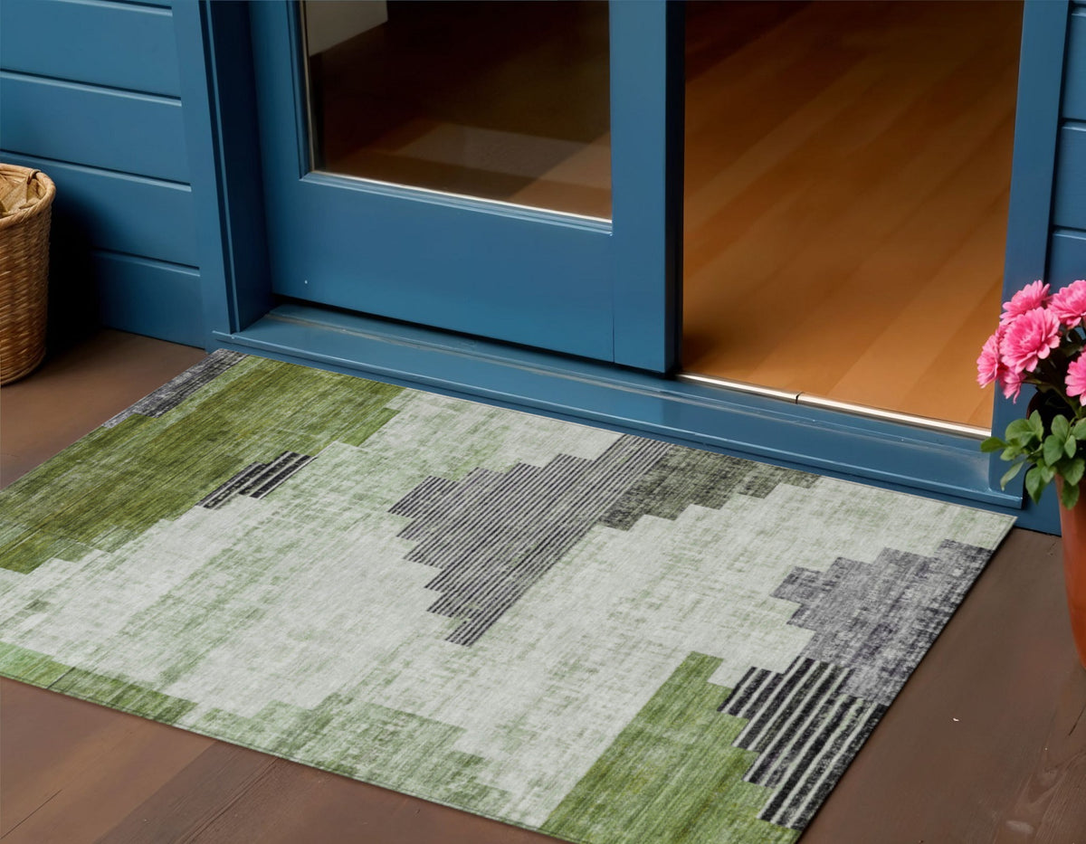 3 X 5 Fern Green Ivory And Charcoal Geometric Washable Indoor Outdoor Area Rug