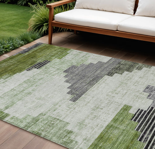 10 X 14 Fern Green Ivory And Charcoal Geometric Washable Indoor Outdoor Area Rug