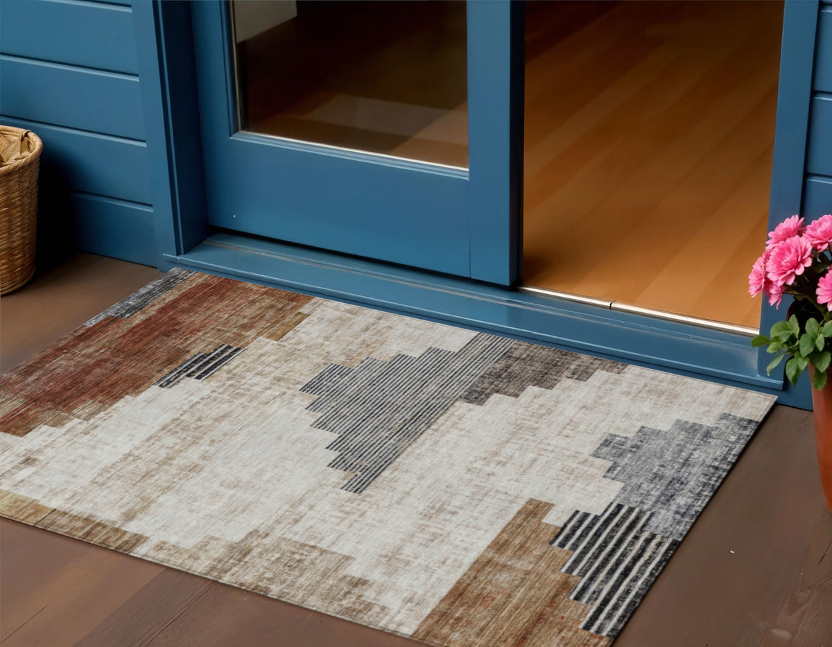 3 X 5 Rust Ivory And Charcoal Geometric Washable Indoor Outdoor Area Rug
