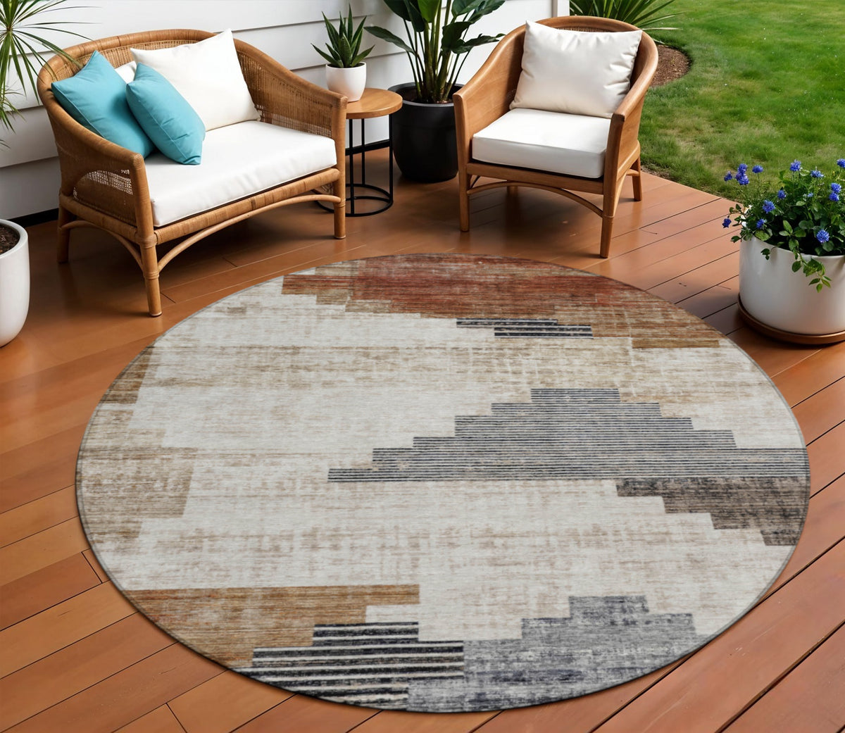 8 Rust Ivory And Charcoal Round Geometric Washable Indoor Outdoor Area Rug